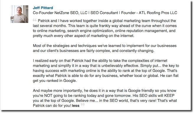 City Of London SEO Expert Patrick Robinson Testimonial