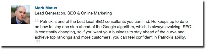 City Of London SEO Expert Patrick Robinson Testimonial