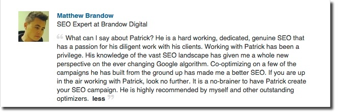 City Of London SEO Expert Patrick Robinson Testimonial